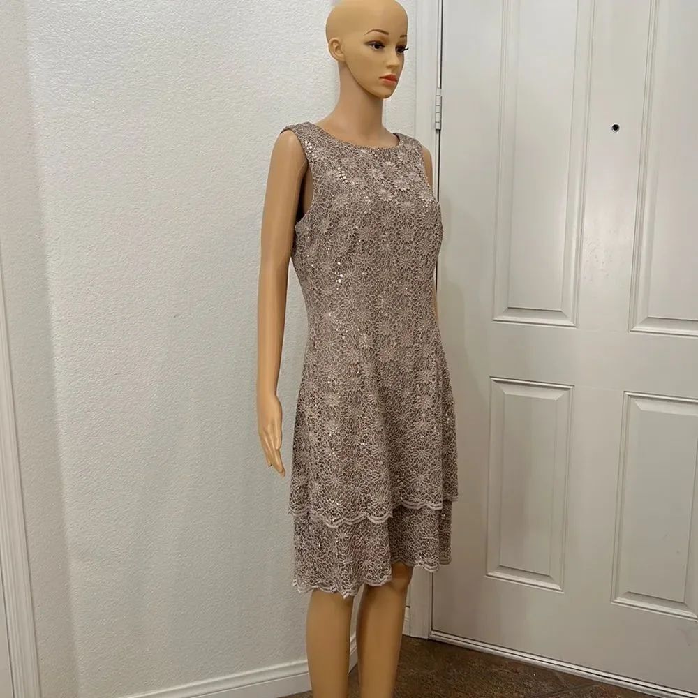 Alex Evenings Size 12 Sequin Sparkle Scoop Neck  Short Sleeve Dress Beige Brown
